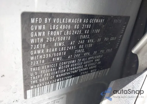 2014 Volkswagen Tiguan Sel z USA, uszkodzony, nr VIN WVGAV3AX2EW557480